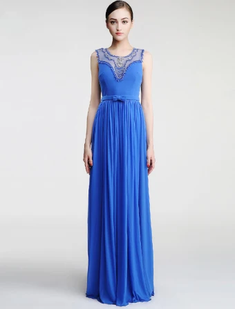 2016 Scoop Neckline Beading Rhinestones Pleated Blue Evening Dress With Bow Sash