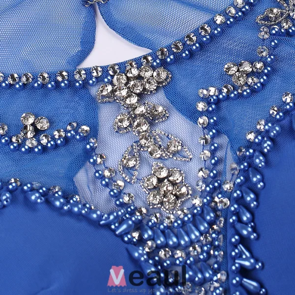 2016 Scoop Urringning Beading Strass Veckad Blå Aftonklänning Med Rosett Skärp