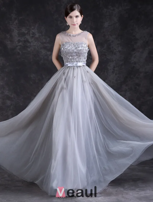 Charmante Robe De Soirée Longue Robe De Ceremonie Dos Nu Gris Avec Des Fleurs Pour 2016