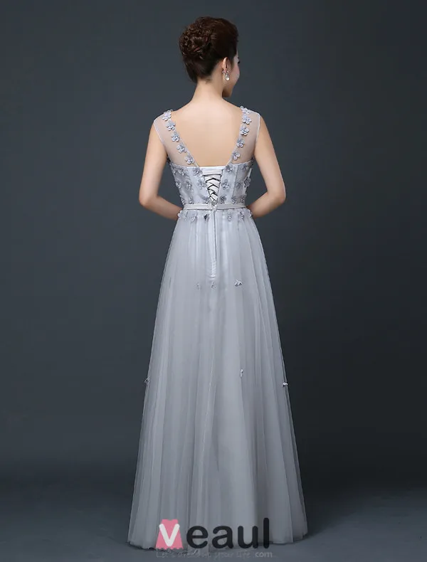 Charmante Robe De Soirée Longue Robe De Ceremonie Dos Nu Gris Avec Des Fleurs Pour 2016