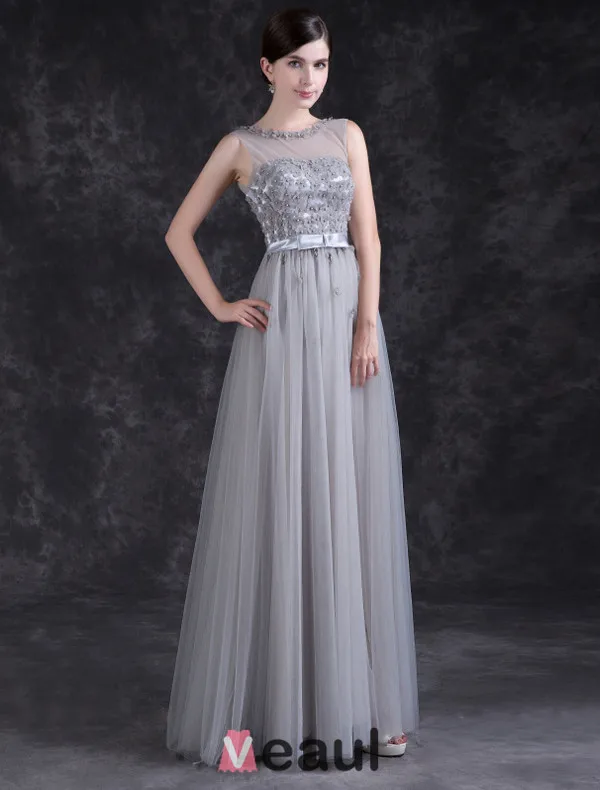 Charmante Robe De Soirée Longue Robe De Ceremonie Dos Nu Gris Avec Des Fleurs Pour 2016