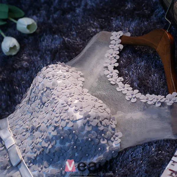 Charmante Robe De Soirée Longue Robe De Ceremonie Dos Nu Gris Avec Des Fleurs Pour 2016