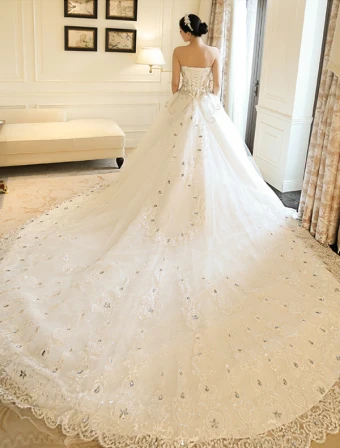 A Lijn Prinses Geliefde Applique Kant Strass Bruidsjurk Met Lange Slepende