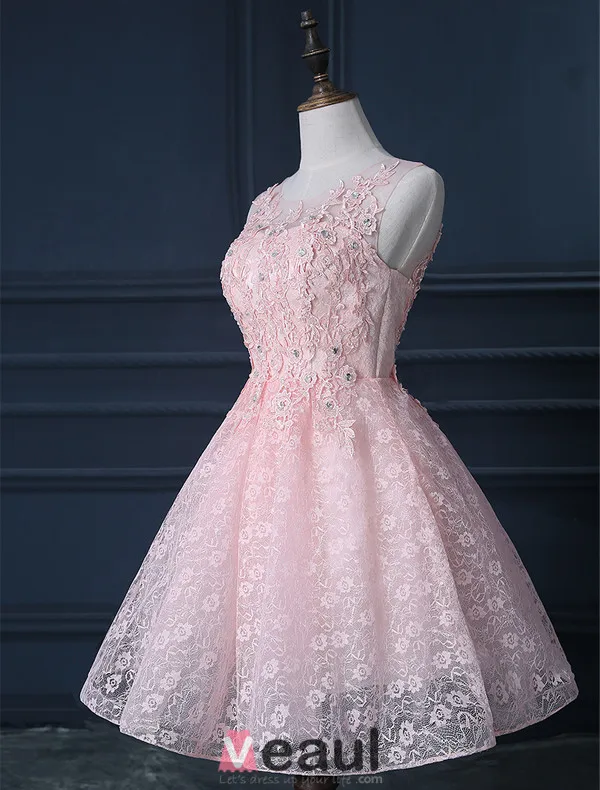 Beautiful Pink Cocktail Dress Short Lace Christmas Party Dresses 2016 New Year Eve Dresses