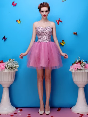 Mooie Lieverd Kralen Bloem Strass Organza Mini Korte Cocktailjurk