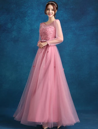 Reich Halsausschnitt Sicke Applique Blumen Rosa Tüll Abendkleid