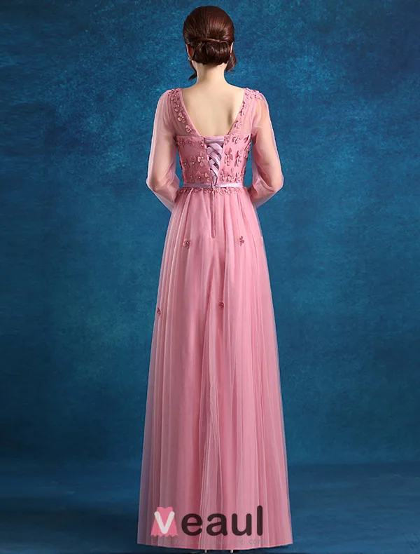 Empire Scoop Neckline Beading Applique Flowers Pink Tulle Evening Dress