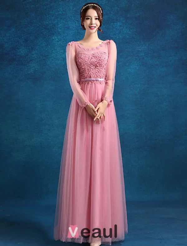 Empire Scoop Neckline Beading Applique Flowers Pink Tulle Evening Dress