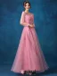 Empire Scoop Neckline Beading Applique Flowers Pink Tulle Evening Dress