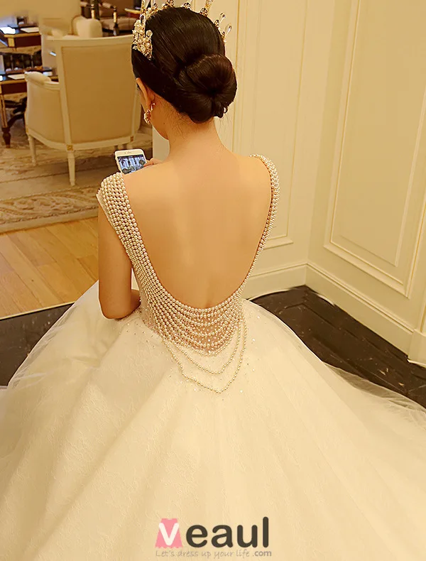 Sexy Baljurk Kralen Parels Hals Backless Bruidsjurk Met Lange Slepende