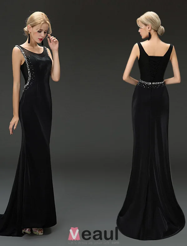 Mermaid Scoop Urringning Beading Paljetter Rhinestone Backless Svart Aftonklänning
