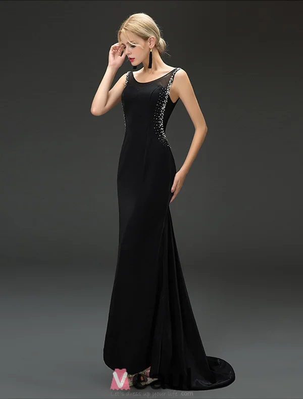 Mermaid Scoop Urringning Beading Paljetter Rhinestone Backless Svart Aftonklänning