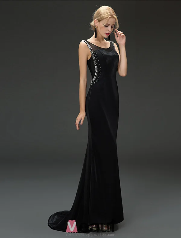 Mermaid Scoop Urringning Beading Paljetter Rhinestone Backless Svart Aftonklänning