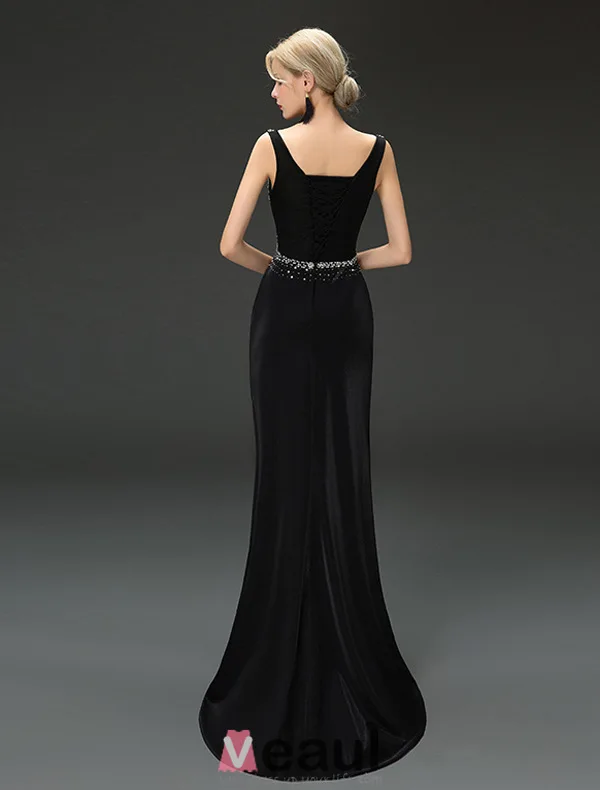 Mermaid Scoop Urringning Beading Paljetter Rhinestone Backless Svart Aftonklänning