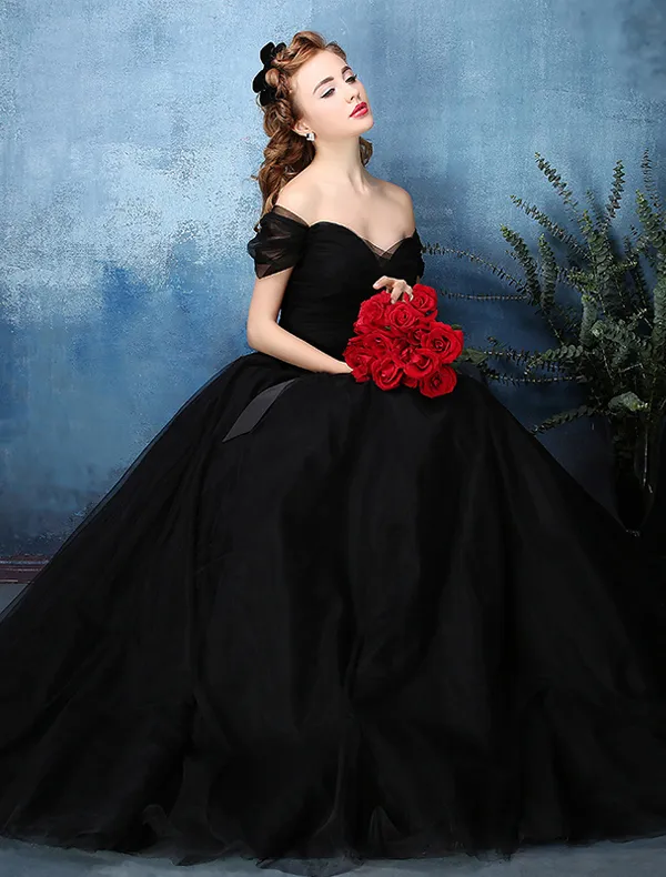 Beautiful Simple Ball Gown Off The Shoulder Sweetheart Black Tulle Prom Dress 2016 With Bow Sash