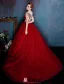 Elegant Scoop Beading Neckline Pleated Burgundy Tulle Prom Dress With Beading Sash