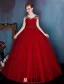 Elegant Scoop Beading Neckline Pleated Burgundy Tulle Prom Dress With Beading Sash
