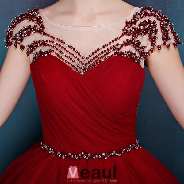 Elegant Scoop Beading Neckline Pleated Burgundy Tulle Prom Dress With Beading Sash