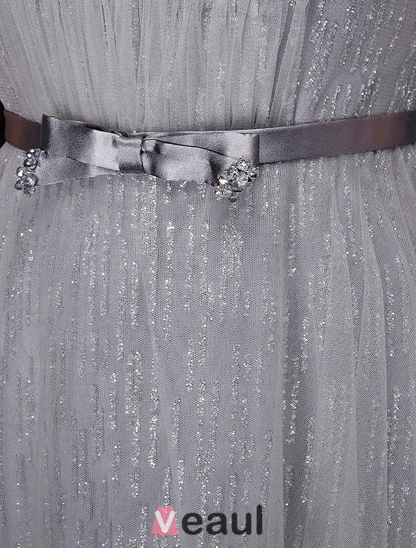 2016 Fashion Square Neckline Glitter Tulle Evening Dress With Bow Sash