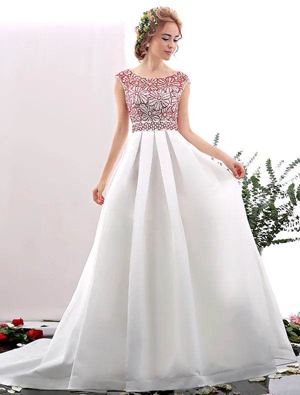 2016 Elegant Scoop Neckline Red Rhinestones Flowers Ruffled White Satin Prom Dress