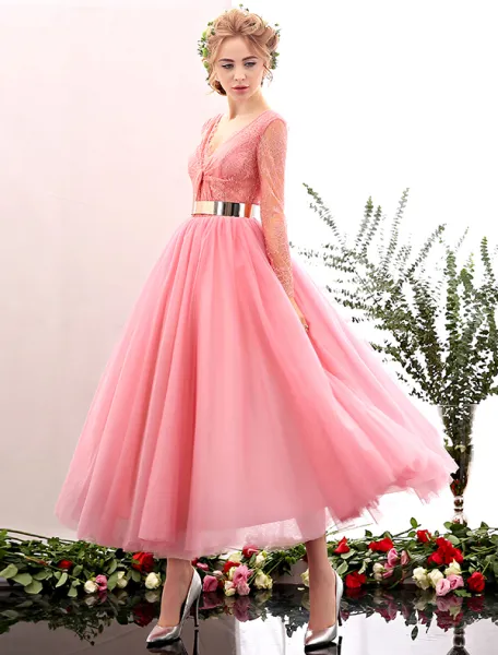 Pink Tulle V Neck Backless Flower Prom Dress