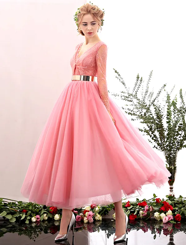 2016 Beautiful Deep V-neck Lace Ruffle Backless Pink Tulle Prom Dress With Metal Sash