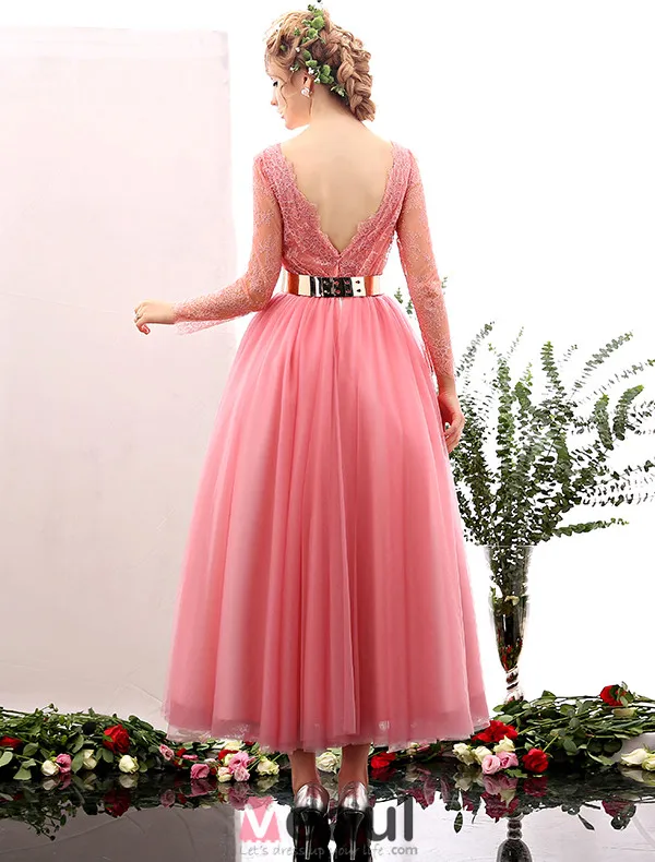 2016 Beautiful Deep V-neck Lace Ruffle Backless Pink Tulle Prom Dress With Metal Sash