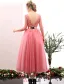 2016 Beautiful Deep V-neck Lace Ruffle Backless Pink Tulle Prom Dress With Metal Sash