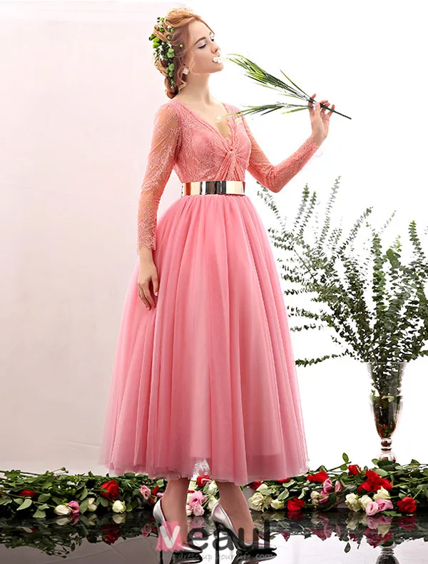 2016 Beautiful Deep V-neck Lace Ruffle Backless Pink Tulle Prom Dress With Metal Sash