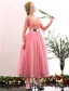2016 Beautiful Deep V-neck Lace Ruffle Backless Pink Tulle Prom Dress With Metal Sash