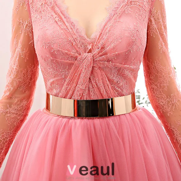 2016 Beautiful Deep V-neck Lace Ruffle Backless Pink Tulle Prom Dress With Metal Sash