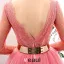 2016 Beautiful Deep V-neck Lace Ruffle Backless Pink Tulle Prom Dress With Metal Sash