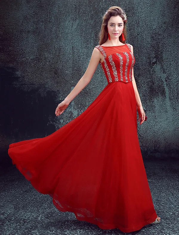 2016 Elegant Square Neckline Sequins Red Evening Dress