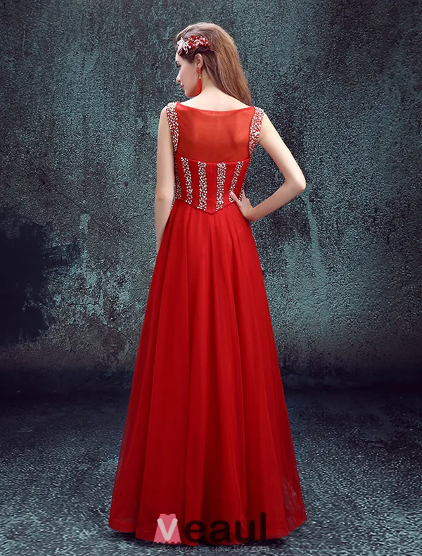 2016 Élégant Décolleté Sequins Carrés Robe De Soirée Rouge