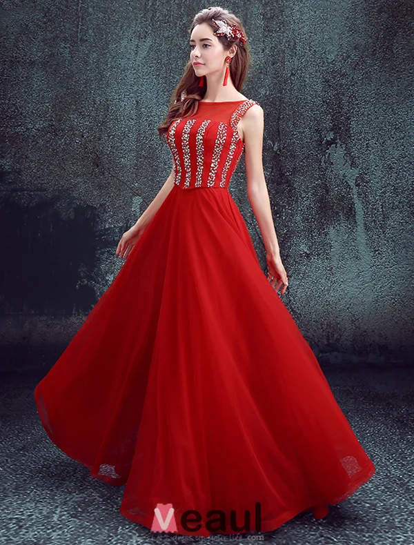 2016 Élégant Décolleté Sequins Carrés Robe De Soirée Rouge