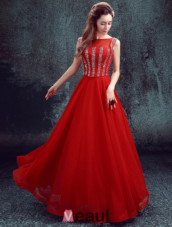 2016 Élégant Décolleté Sequins Carrés Robe De Soirée Rouge