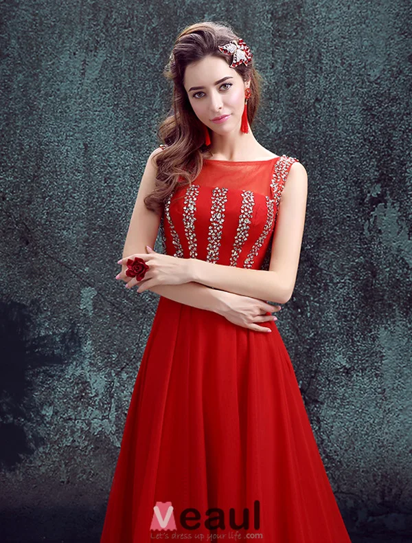 2016 Élégant Décolleté Sequins Carrés Robe De Soirée Rouge