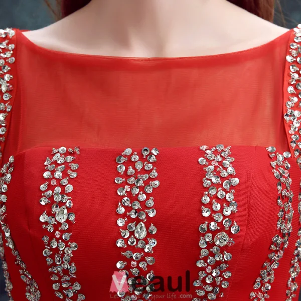2016 Élégant Décolleté Sequins Carrés Robe De Soirée Rouge