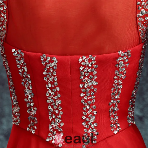 2016 Élégant Décolleté Sequins Carrés Robe De Soirée Rouge