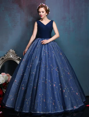 Glamorøse V Hals Applikerte Blomster Kongeblå Organza Ballkjoler 2016
