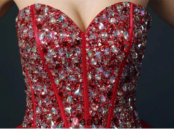 Sparkly Kjæreste Beading Paljetter Krystall Korsett Burgunder Glitter Organza Ballkjole