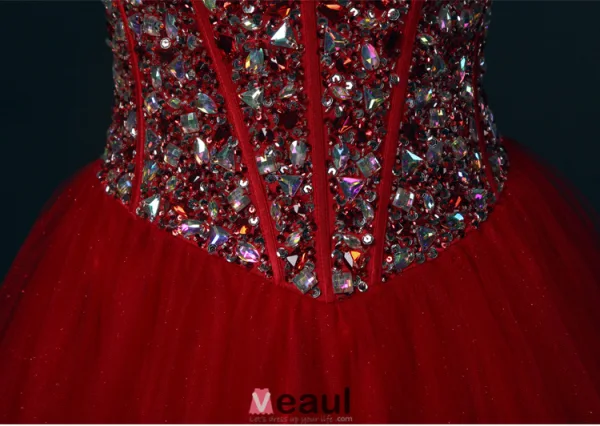 Sparkly Kjæreste Beading Paljetter Krystall Korsett Burgunder Glitter Organza Ballkjole