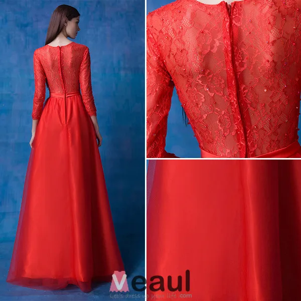 2016 Glamorösa Scoop Urringning Långa Ärmar Beading Spets Röd Organza Aftonklänning Med Skärp