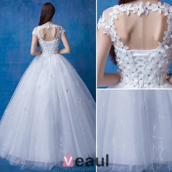 2016 Beautiful Scoop Neckline Short Sleeves Applique Flowers Rhinestone Glitter Organza Wedding Dress
