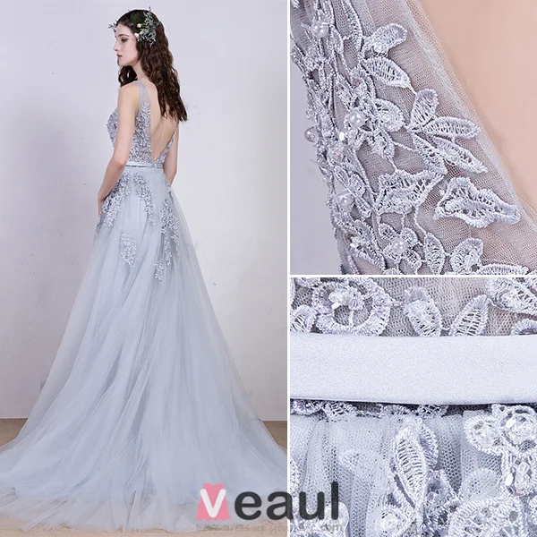 2016 Elegant V-neck Sleeveless Applique Lace Backless Grey Tulle Evening Dress With Beading Pearl And Sequins