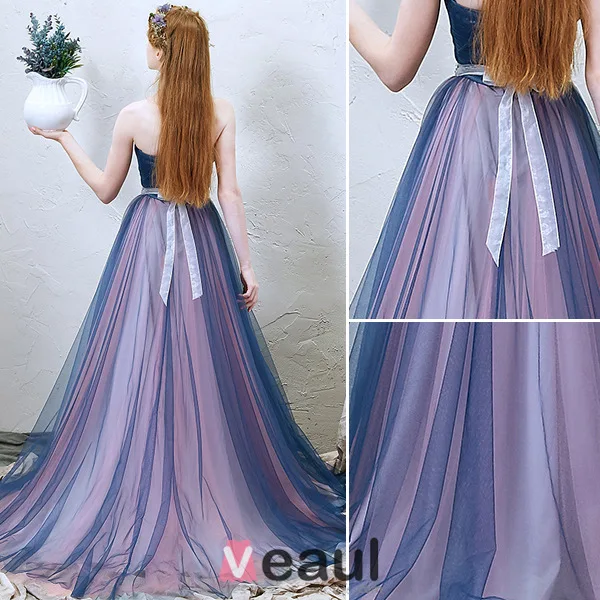 2016 Classic Plissert Kjæreste Halsen Stroppeløs Ryggløse Blå Tyll Lang Ballkjoler Med Rhinestone Sash