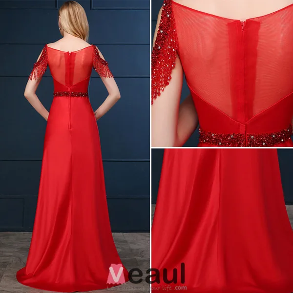 2016 Élégant Décolleté Carré Manches Bordées Robe De Soirée Dos Nu En Satin Rouge Avec Des Paillettes Ceinture