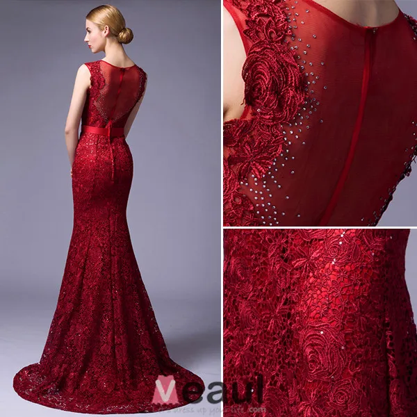 2016 Elegant Scoop Neckline Backless Rhinestone Red Lace Evening Dress With Sash