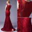 2016 Elegant Scoop Neckline Backless Rhinestone Red Lace Evening Dress With Sash