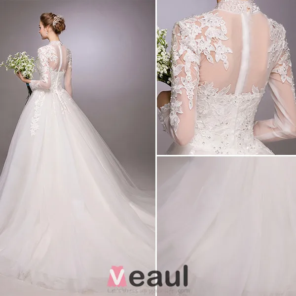 2016 Elegant A-line Sequins High Neck Applique Lace Backless Wedding Dress